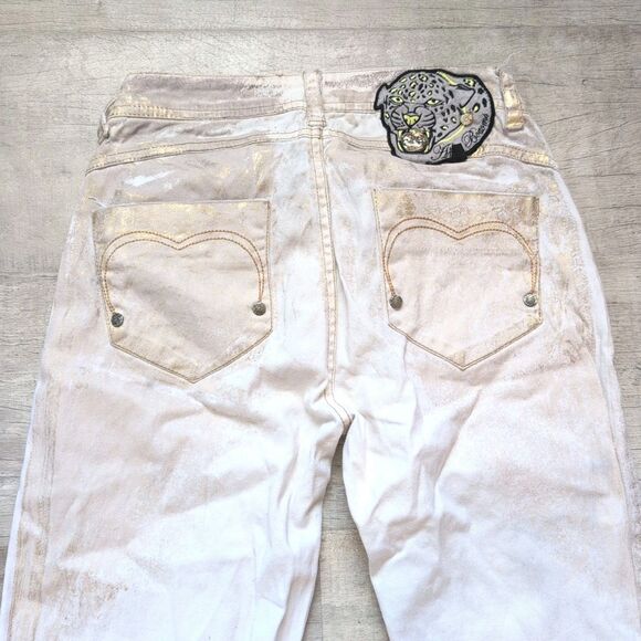 Apple Bottom Jeans Vtg 90s/Y2k Embroidered Leopard Womens Size 3/4 Beige Skinny - Picture 1 of 8